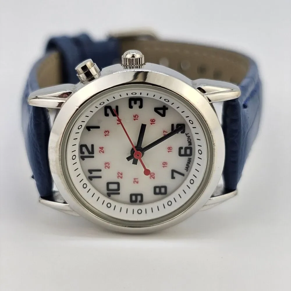 28MM Women Watch White Dial New‎ Blue Leather Bands New Battery READ DESCRIPTION